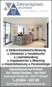 Banner der Zahnarztpraxis am Dreieck in Alsdorf mit Kontaktdaten und Informationen zu moderner Zahnmedizin, Bleaching und ästhetischer Zahnheilkunde