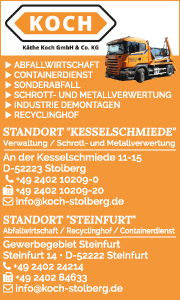 Banner der Käthe Koch GmbH & Co. KG aus Stolberg mit Kontaktdaten, Leistungsübersicht für Containerdienst, Entsorgung und Abfallmanagement im Überblick