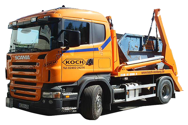 Orangefarbener LKW der Käthe Koch GmbH & Co. KG aus Stolberg transportiert Container für Entsorgung und Containerdienst im Einsatz