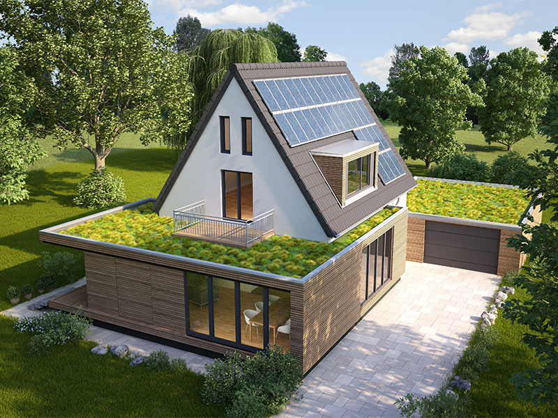saniertes Haus mit modernem Anbau mit Dachbegrünung und Solarpaneelen