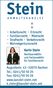 Banner mit Kontaktdaten und Leistungen der Anwaltskanzlei Karin Stein für Beratung und Unterstützung im Familienrecht in Aachen.