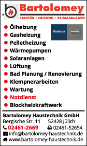 Banner der Bartolomey Haustechnik GmbH in Jülich mit Kontaktdaten sowie Leistungen für Heizung, Sanitär, Wärmepumpen und Badmodernisierung.