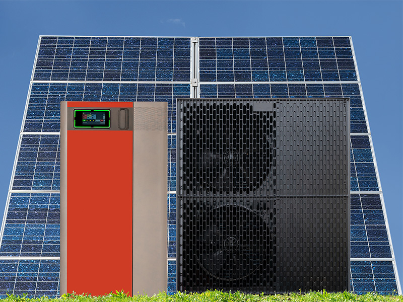 Moderne Pelletheizung mit Wärmepumpe und Photovoltaikanlage für energieeffiziente Wärmeversorgung im Heizungsbau in Aachen.