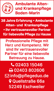 Banner der Ambulanten Alten- und Krankenpflege Boden-Marin in Eschweiler mit Kontaktdaten sowie Informationen zu ambulanter Pflege und Behandlungspflege.