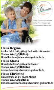 Kontaktdaten und Leistungen des JC Goskowitz Alten- und Pflegeheims in Eschweiler für Betreuung, Pflege und Unterstützung im Alltag.