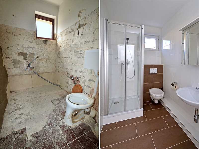 Vorher-Nachher-Darstellung einer Badsanierung in Aachen mit modernisiertem Badezimmer, neuer Ausstattung und deutlich verbesserter Raumgestaltung