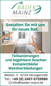 Banner der Firma Bäder Mainz in Herzogenrath mit Kontaktdaten, Leistungsübersicht zur Badsanierung und moderner Badgestaltung im Überblick