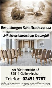 Banner von Bestattungen Schaffrath in Geilenkirchen mit Kontaktdaten, Bestattungsleistungen und Informationen zur Bestattungsvorsorge.